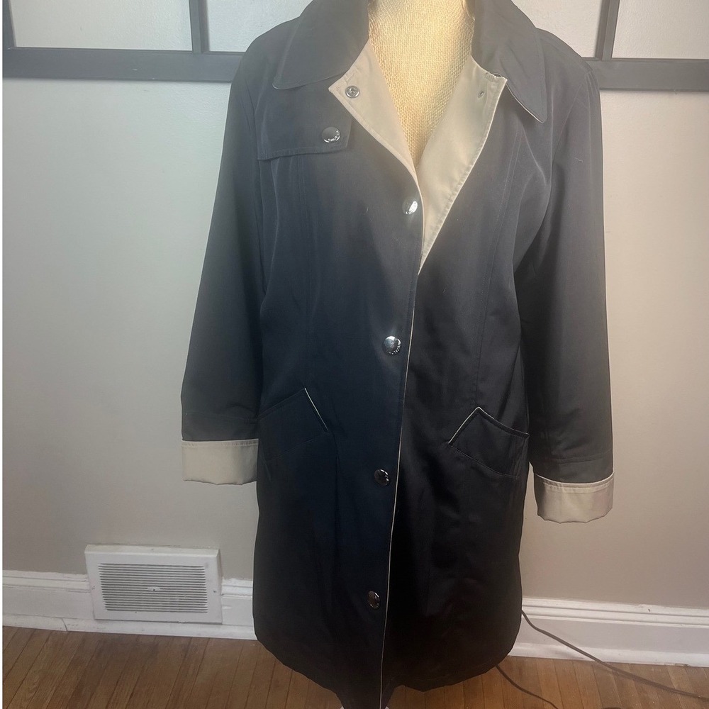 Nautica Womens Black Trench Coat Plaid Lined Tan Collar Cuffs Size L - Picture 12 of 12